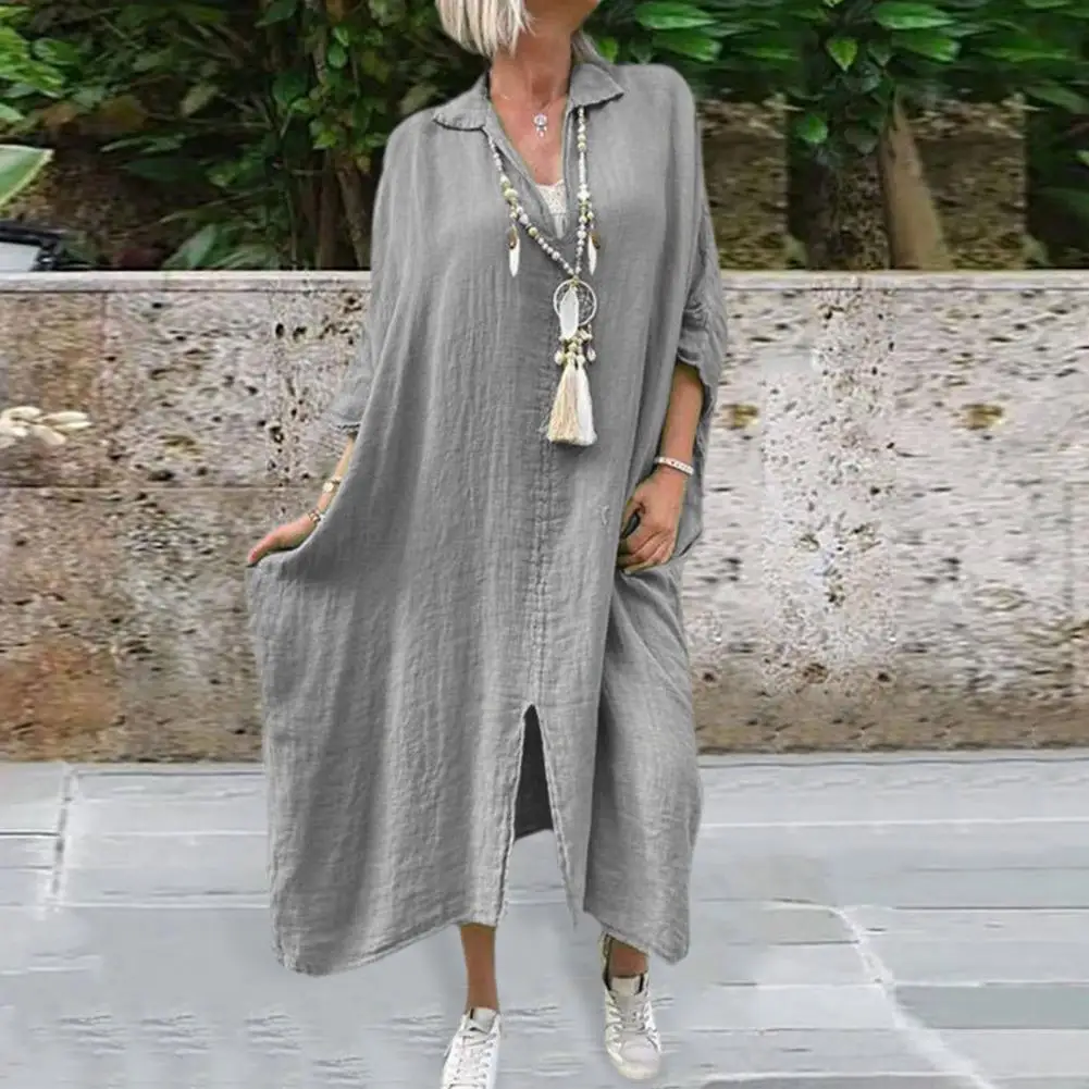 

Summer Women's Dresses V Neck Split Hem Three Quarter Sleeves Loose Plus Size Casual Daily Dress