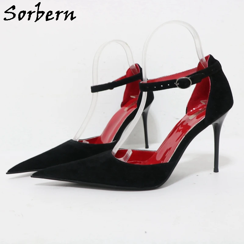 

Sorbern Black Suede Stilettos Heel Women Pump Shoes Red Inside Pointed Toe Ankle Straps 10Cm Metal Size 39 Ladies Heels