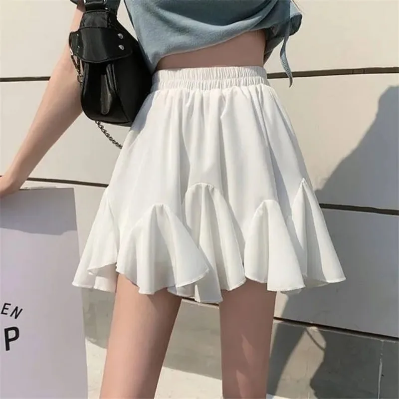 Ruffled Edge Skirt Elastic Waist Thin Women A-line Pleated Puffy Preppy Style Solid Color Simple Casual Korean Fashion Summer