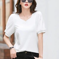 T-shirt à manches courtes pour femmes, Station européenne, Été, Nouveau, Mode, observateur, Luxe, Pur Coton, Col en V, Haut décontracté 2