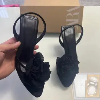 TRAF Sexy Black Heels Women Summer Party Pointed Toe High Heeled Sandals Elegant Floral Slingback Pumps Fashion Stiletto Shoes - Image 3