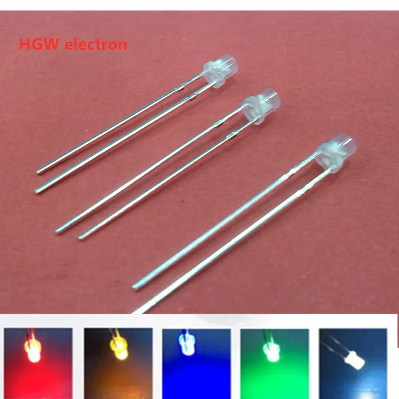 100 Stuks 3Mm 2Pins Mistige Platte Top Led Diffuus Wit Rood Geel Blauw Groen Groothoek Licht Emitting Diode Lamp