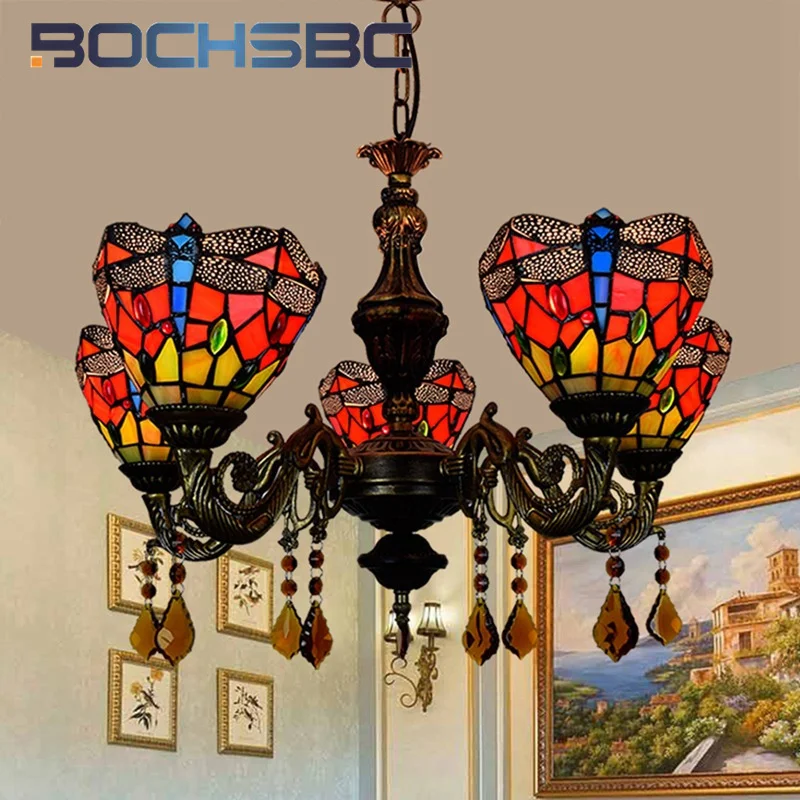 

BOCHSBC Tiffany style stained glass Red Dragonfly 5 chandelier Pendant lamp living room Dining room bedroom LED decor