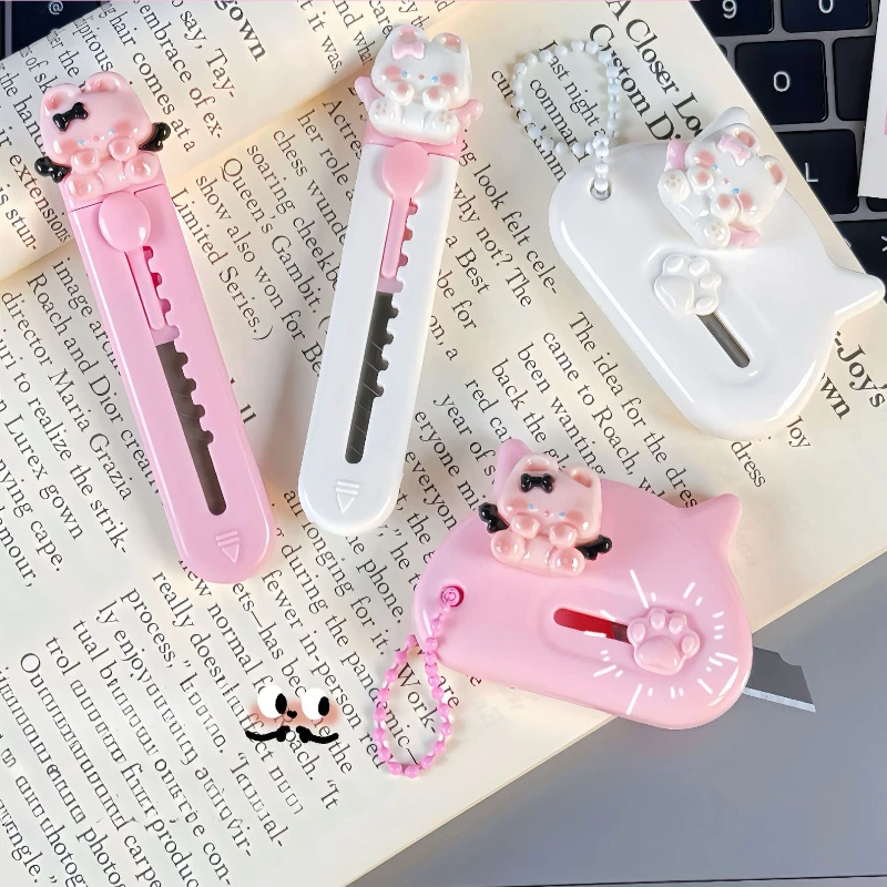 Mini Kawaii Cartoon Kitten Letter Opener White Pink Color Creative Design Cat Box Cutter Portable Utility Knife Student Supplies