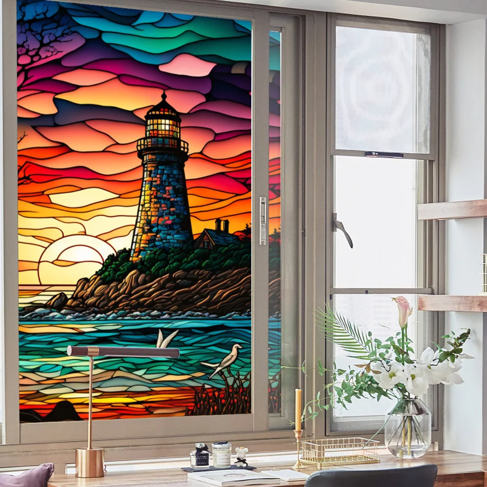 Retro Landscape Bird Flower Window Glass Electrostatic Stickers Removable Window Privacy Stained Decorative Film for Home Office