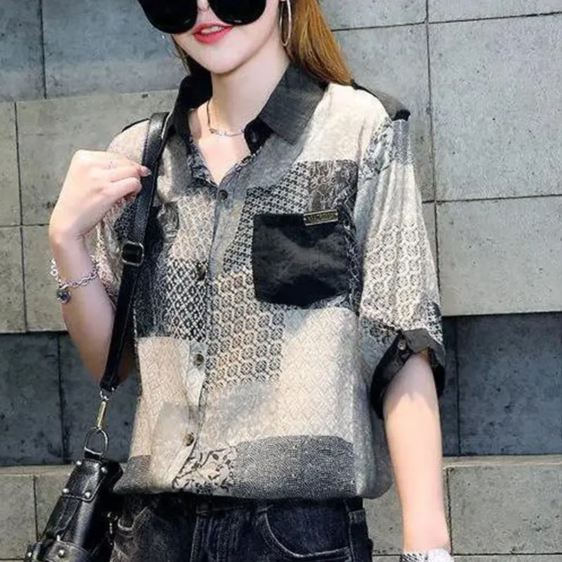 Elegant Fashion Harajuku Slim Fit Female Clothes Casual All Match Shirt Printed Pockets Button POLO Collar Short Sleeve Blusa