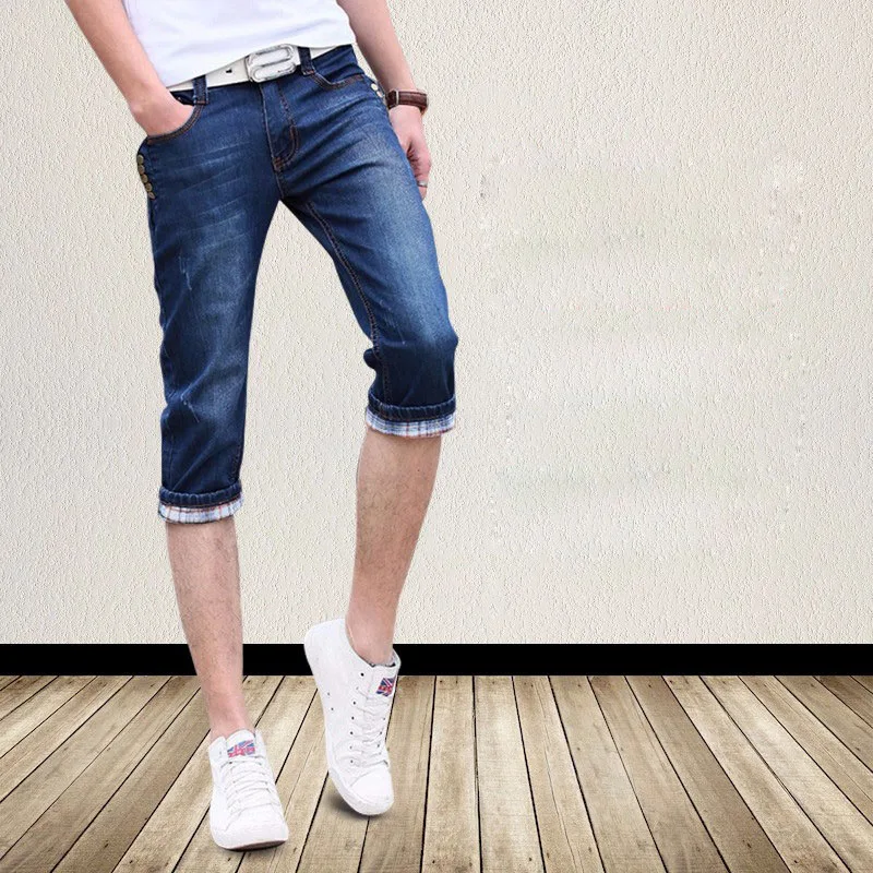 New Summer Fashion Teenagers Cropped Jeans Men Korean Slim Denim Shorts Breeches Stretch Capric Pants Men Thin 3/4 Jeans