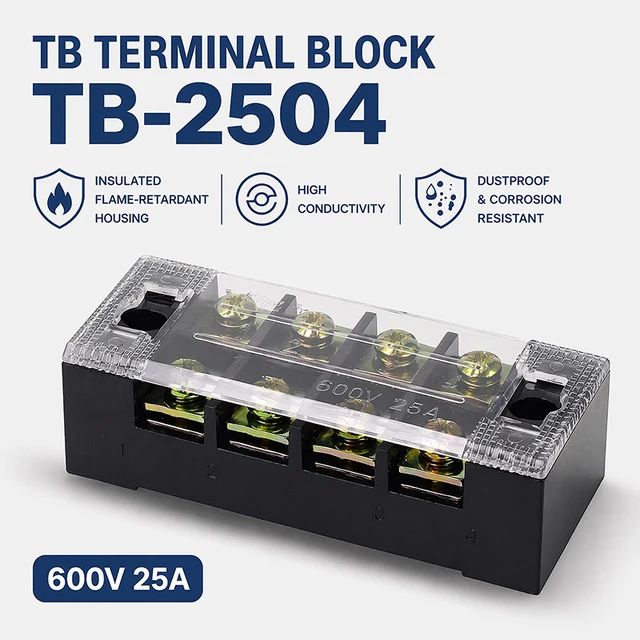 1PCS TB2504 Dual Row Thick Copper Screw Terminal Block Flame Retardant Grounding Strip Wire Connector Durable 600V 25A 1