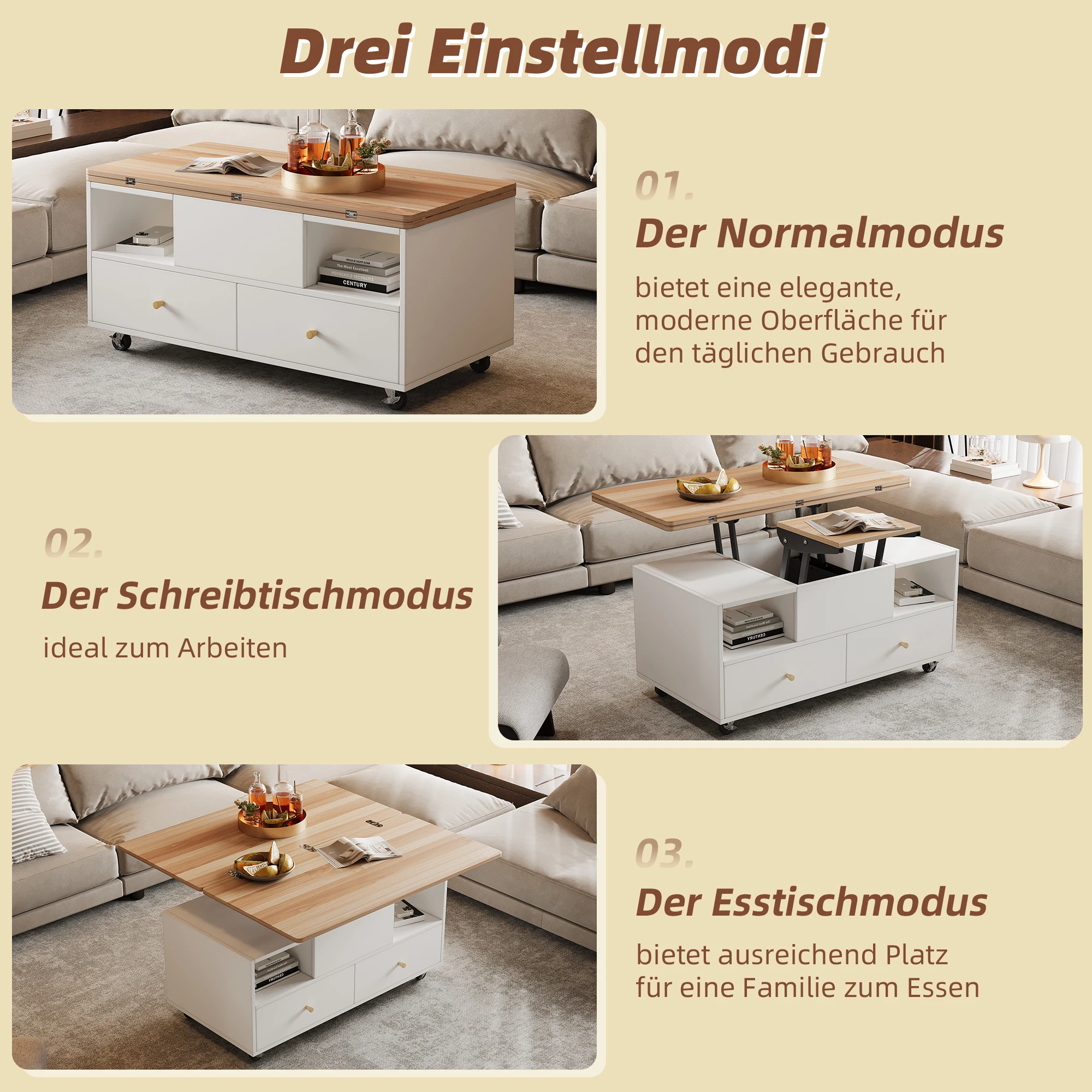 KOMHTOM Höhenverstellbarer Couchtisch, 4 Schubladen, Groß+Kleiner Hydraulik-Hubtisch, Beweglicher Sofatisch mit Universalrollen – Detail 4