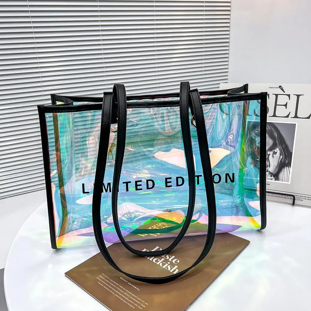 Female Casual Laser PVC Clear Summer Holiday Beach Portable Clutch Tote Bags for Christmas Birthday Party Gift