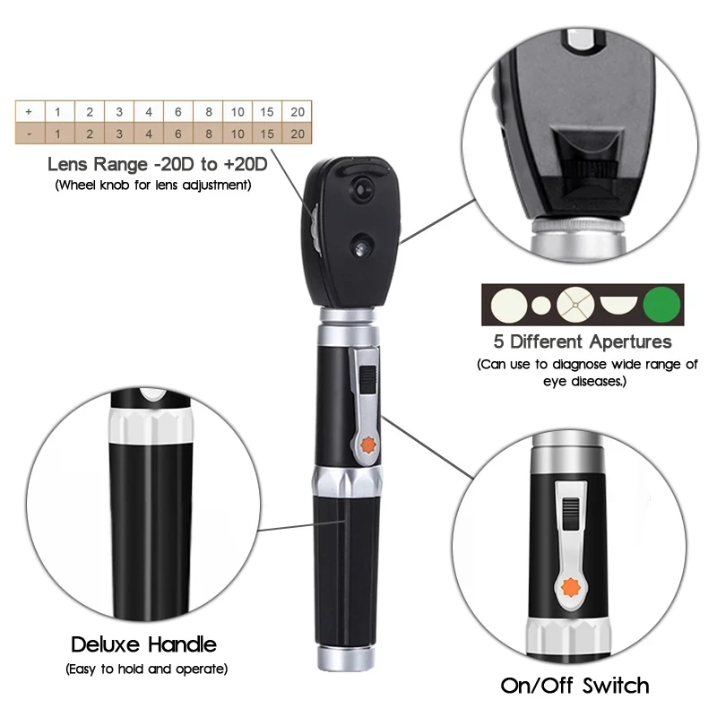 LED Professional Medical Oftalmoscopio 5 Different Apertures Eye Care Diagnostic Ophthalmic Set Portable Direct Ophthalmoscope