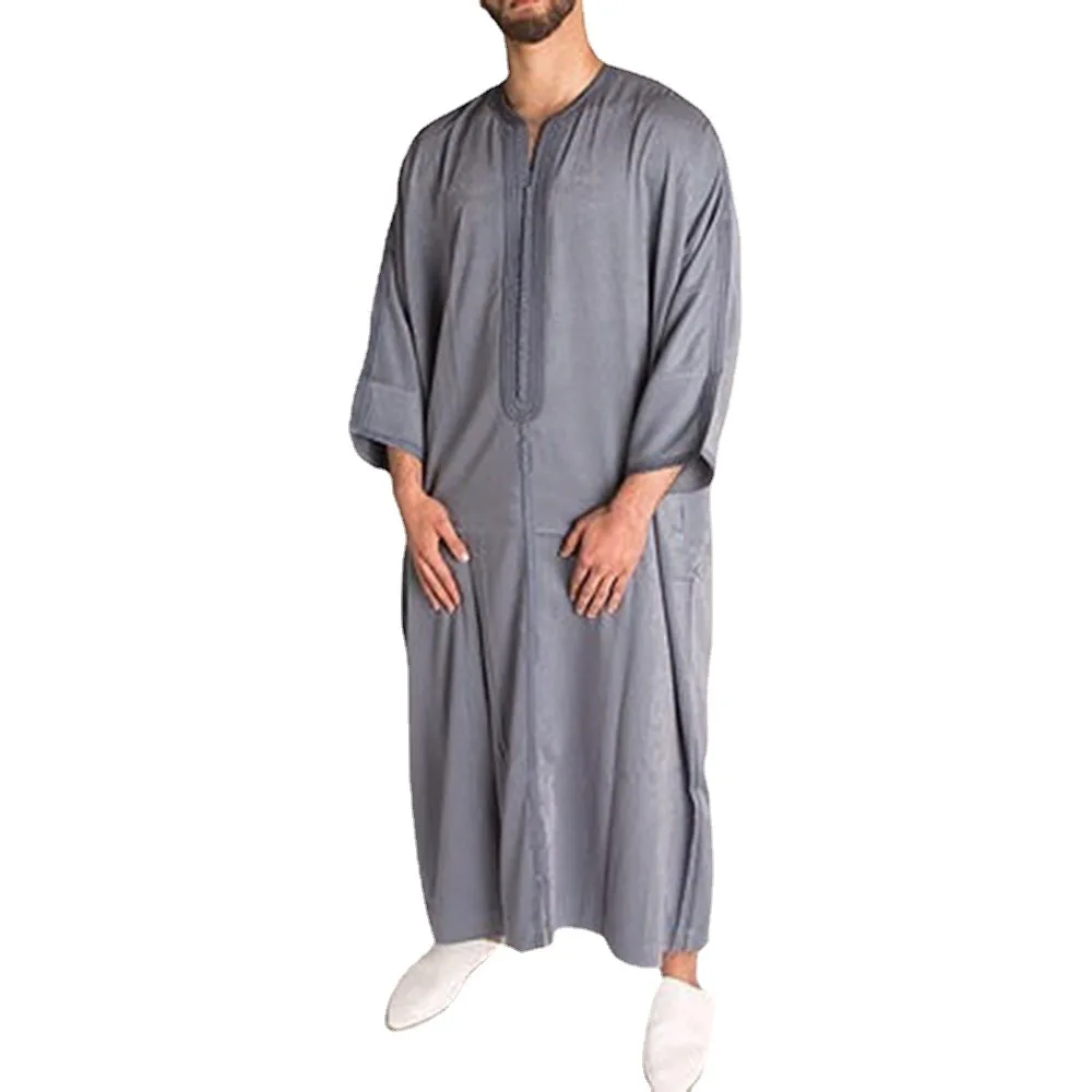 African Ethnic Style Men's Long Shirt Stock Muslim Robe Pullover Grey Qamis Homme Musulman Islamic Clothing Muslim Sets Arabic