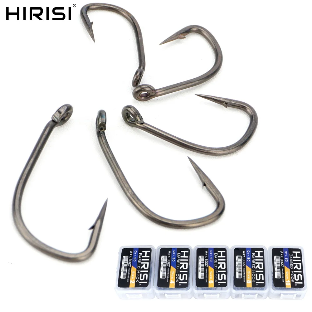 Hameçons Hirisi 50pcs PTFE acier inoxydable carbone avec ardillon et boîte plastique 8027