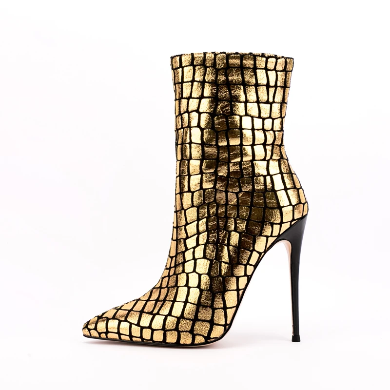 

Arden Furtado 2022 spring autumn Women's high heels stiletto heels 12cm Height Sexy zipper gold ankle Boots gingham boors 45 46