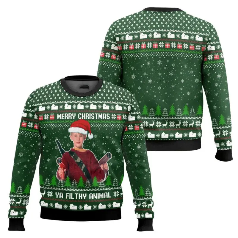 Merry Christmas alone at home Ugly Christmas sweater cartoon animation Men's pullover 2026 fashionable couple shirts Sweatshirt - Image 2