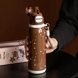 Stainless Steel Vacuum Insulated Tumbler - 500ml Dual - Drink Water Bottle with Hand Strap, Portable Sports Design - 500ml (Brown)