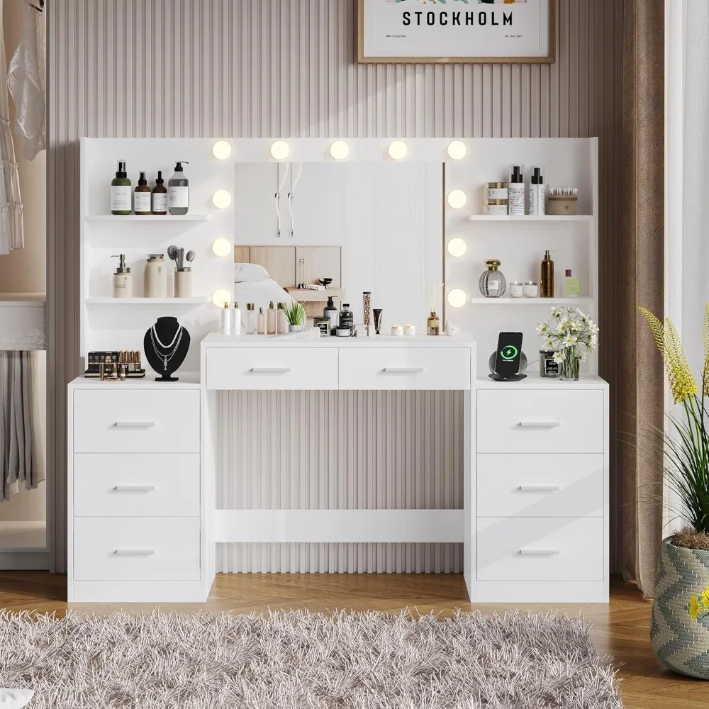 61.9‘’L Vanity Desk with Mirror & Lights, Makeup Desk with Drawers, 3 Lighting Modes, Large Makeup Vanity 6