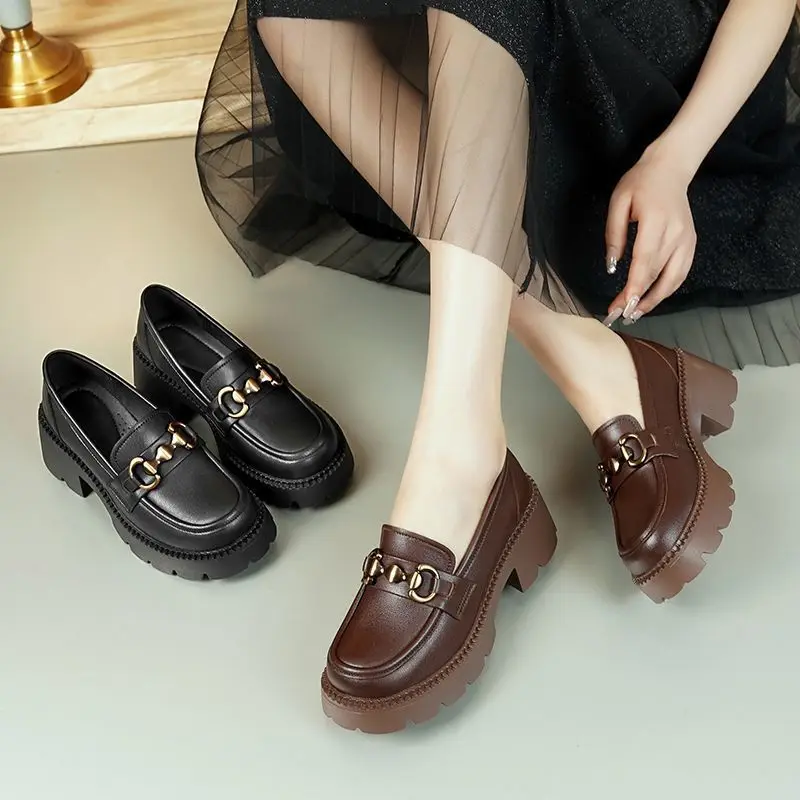 2025 Spring Women Leather Shoes British Style Soft Leather Versatile Thick Bottom Loafers Female Slip-on Round Toe Single Shoes 5