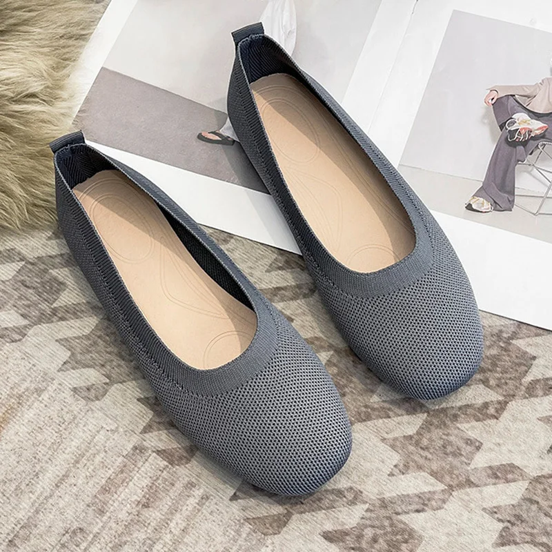 2022 Mesh Knit Flat Shoes Women Stretch Ballet Flats Spring Summer Breathable Shallow Casual Moccasins Loafers Black Dress Shoes 