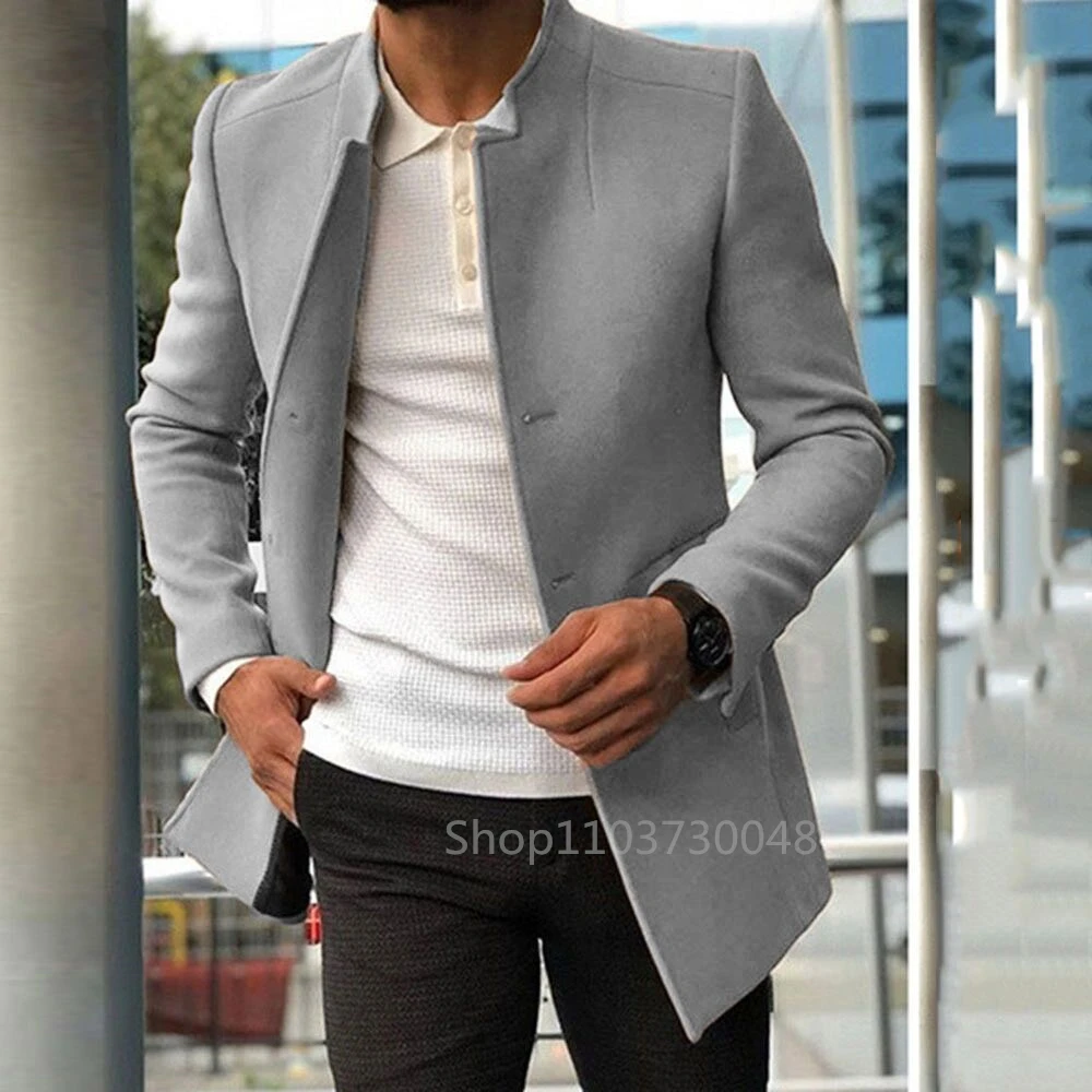 Casual Grey/Black Woolen Blazer for Men with Single Breasted Formal Dinner Jacket Elegant Suit Long Coat for Wedding/Business