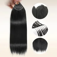 Extensions de cheveux humains au crochet, lisses, pré-bouclées, effet plume, réutilisables, invisibles, pré-séparées, sans nœuds, noires 3