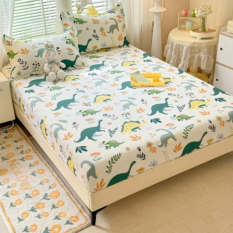 Cartoon Dinosaurs Fitted Sheet Set 3Pcs Cotton Kawaii Mattress Cover Wild Animal Flower Leaf Bedding Set for Boys Girls Adult 3