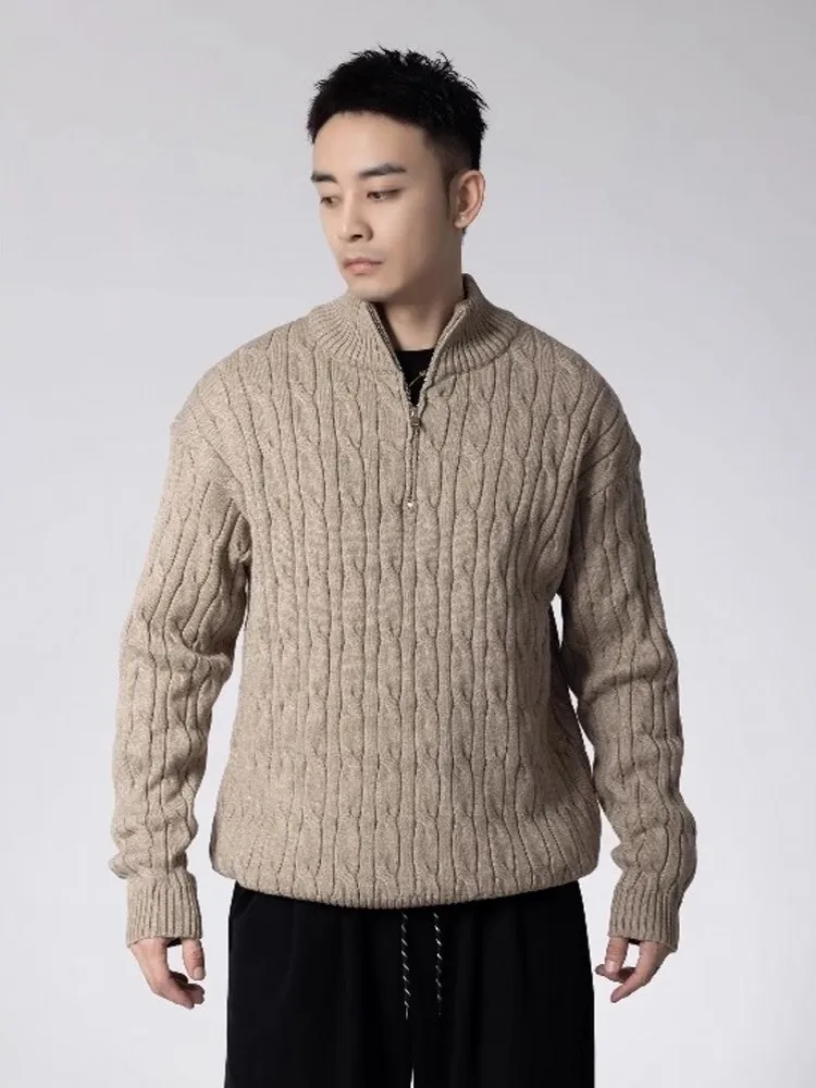 Vintage Mens Winter Zipper Turtleneck Sweater Jumpers Solid Colors Long Sleeve Knitted Pullover Tops Casual Streetwear Sweaters