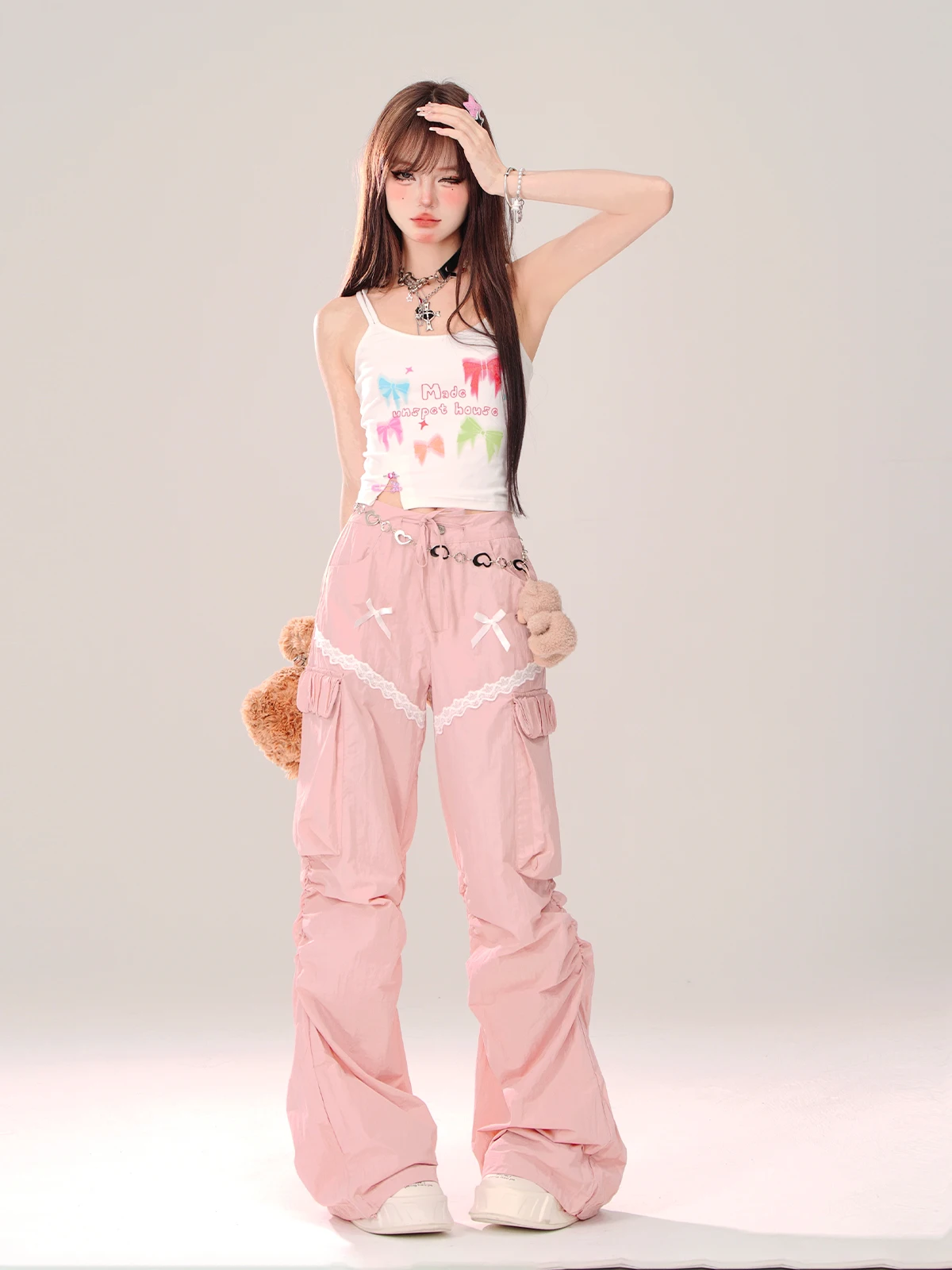 Korean Fashion Sweet Streetwear Quick-Drying Wide-Leg Pants Summer Bow Chain Lace Patchwork Cargo Pants Casual Pants Women
