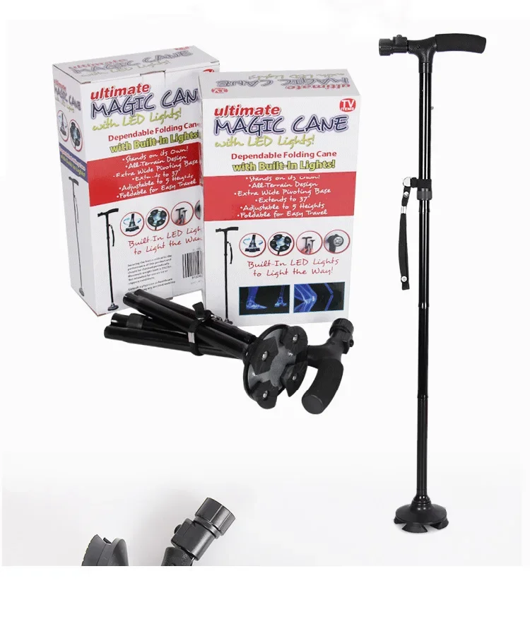 Aluminum Alloy Crutches with Lamp Folding Hiking Stick Double Handle Walking Sticker with Flashlight Retractable Baton