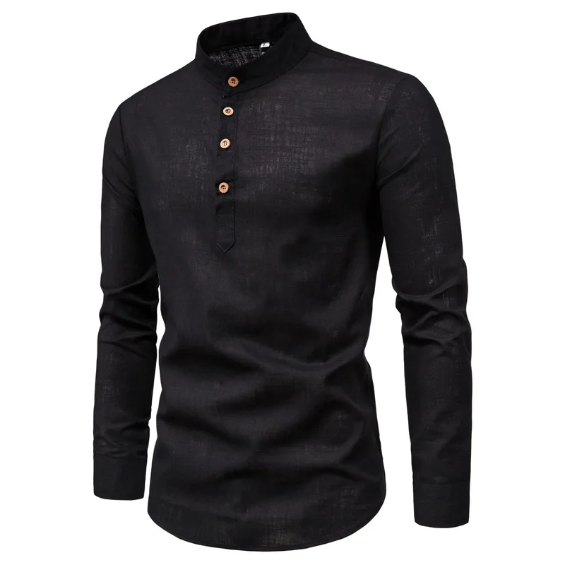 Men Solid Color Stand Shirts Top Breathable Linen Long Sleeved Mens Slim Casual Blouse