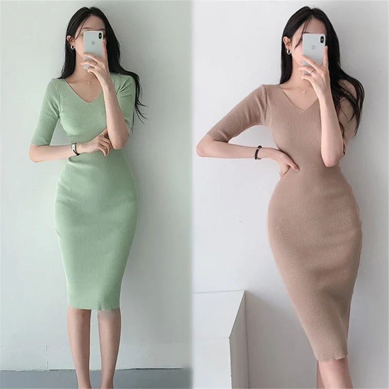 

2024 Korean Fashion Woman Vintage Clothes Spring Casual Women's Dresses Knitted Short Sleeve Vestidos Elegantes Para Mujer Midi