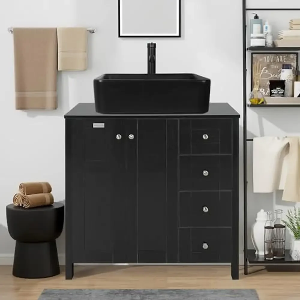 32-Inch Modern Black Bathroom Vanity Set with 4 Drawers and Ceramic Sink Top Easy to Clean and Stylish Includes Faucet Drain