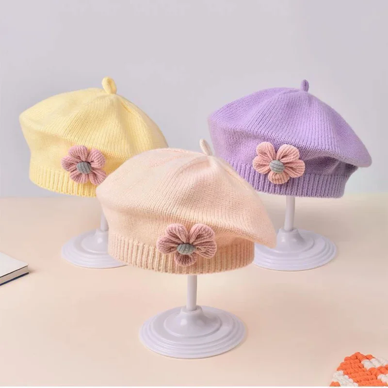 Baby Girls Autumn Winter Woolen Hat - Cute Flower Beret Toddler Artist Knitted Cap For 6-12 Months Newborn Home Outdoor
