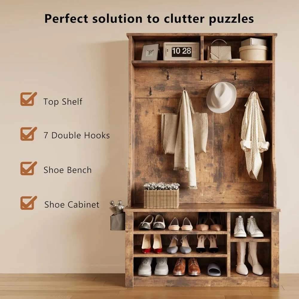 entryway hall tree with bench and storage, 3-in-1 hall tree with coat rack, adjustable shoe bench, 2-tier top storage, for hall