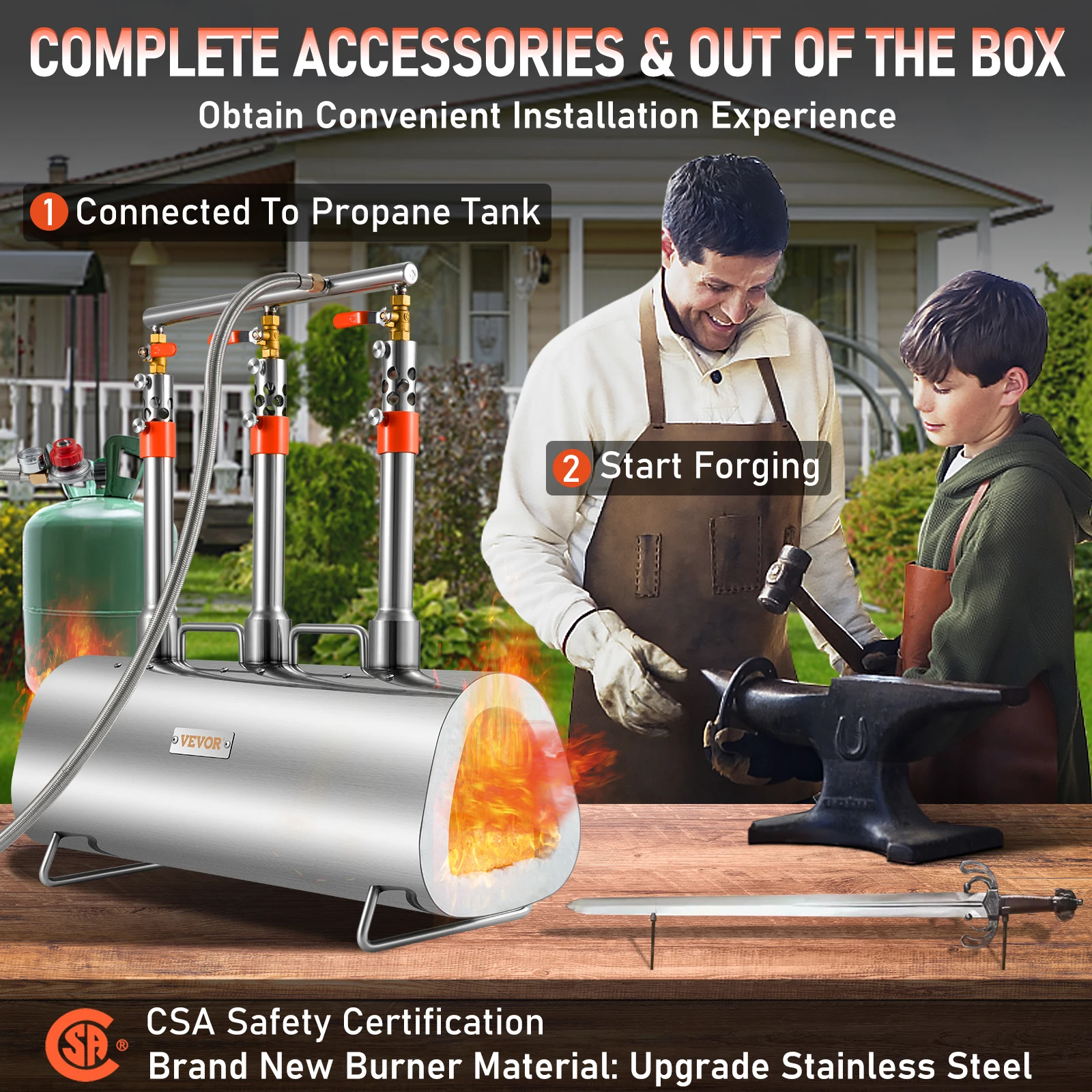 VEVOR Propane Forge Portable 2/3 Burner Tool and Knife Making Large Capacity Blacksmith Farrier Forges Furnace Blacksmithing