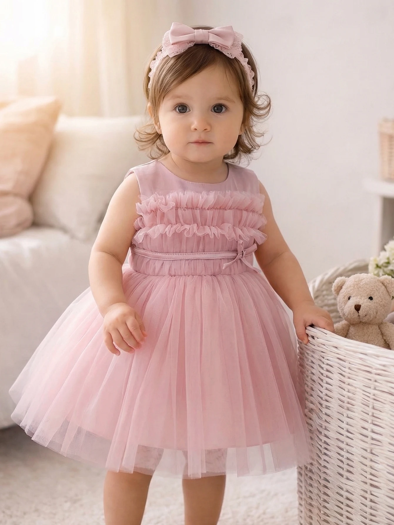 Elegant Pink Floral Baby Dress with Tulle & Matching Hairband