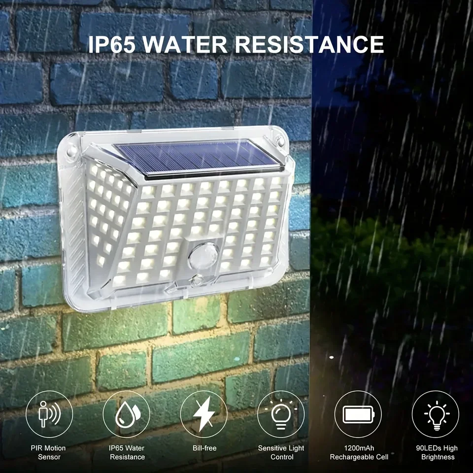 Super Bright 90 LED Solar Wall Lamp Outdoor 3 Modes Motion Lights Solar Fence Lights Security Lamps for Garden Yard Outside