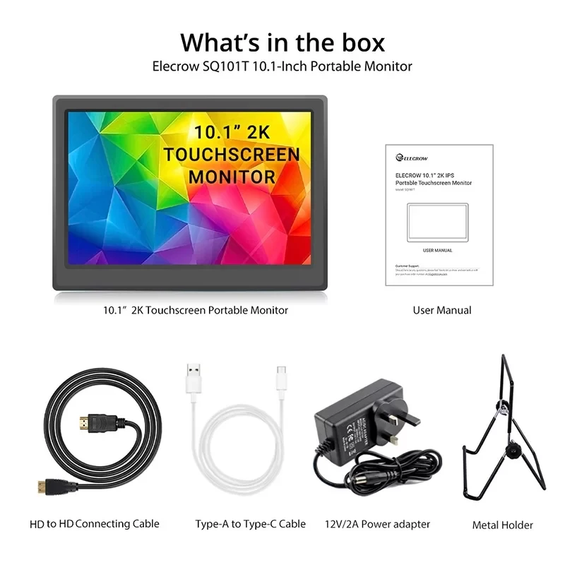 10.1 인치 2K IPS HD 휴대용 모니터, 2560x1600 HDMI 호환 Type-C 게임용 PC, 라즈베리 파이 노트북 스위치 XBOX PS4 PS5