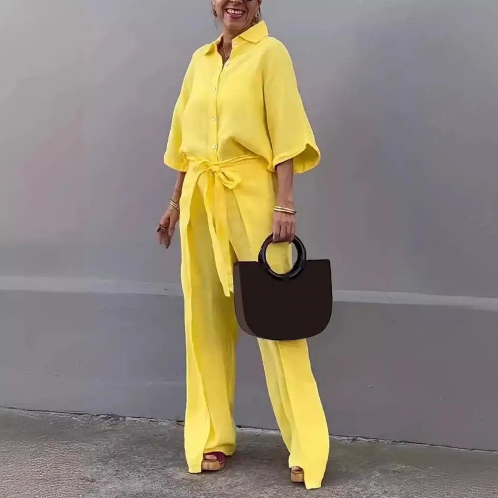 

Брюки с широкими штанинами Элегантный женский комплект из рубашки и брюк со шнуровкой на талии топ с рукавом три четверти брюки с широкими штанинами для A