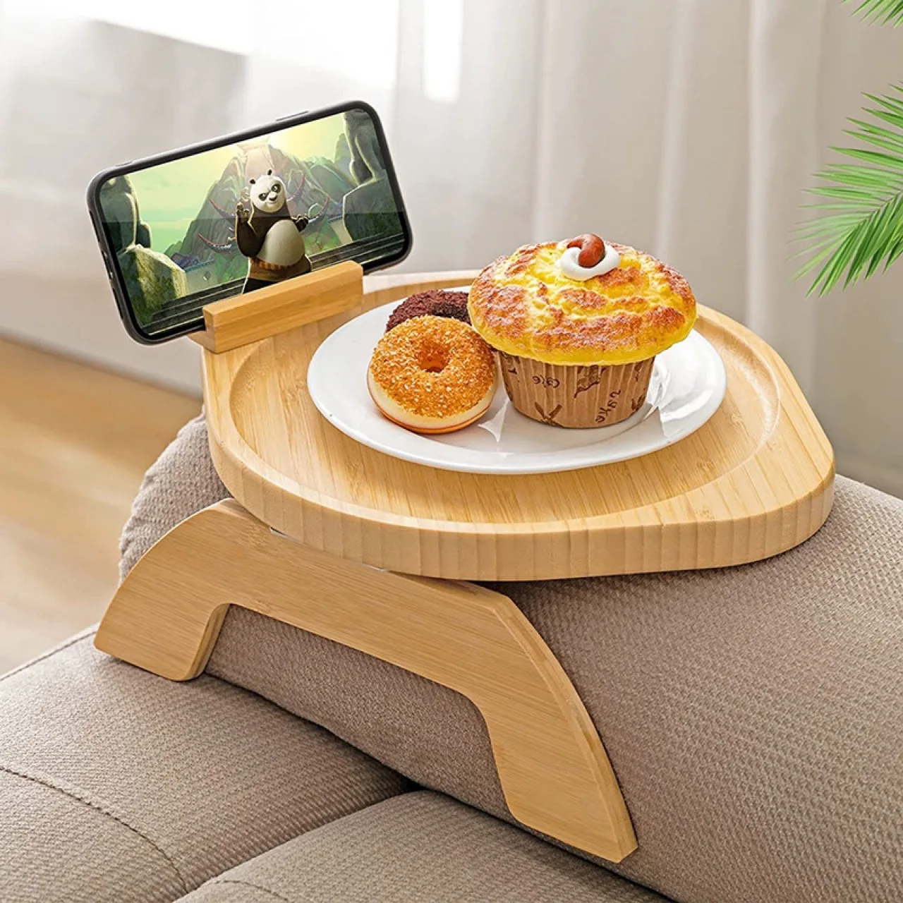 Foldable Sofa Tray Table Armrest Clip-On Holder Natural Bamboo Snack Food Tray For Cellphone Rack Remote Control Mug Cup Plate