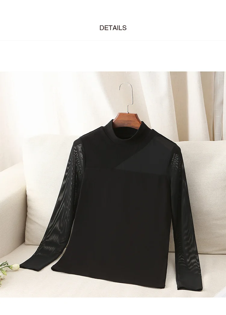 European and American style women's spring new sexy mesh stitching half turtleneck bottoming shirt perspective