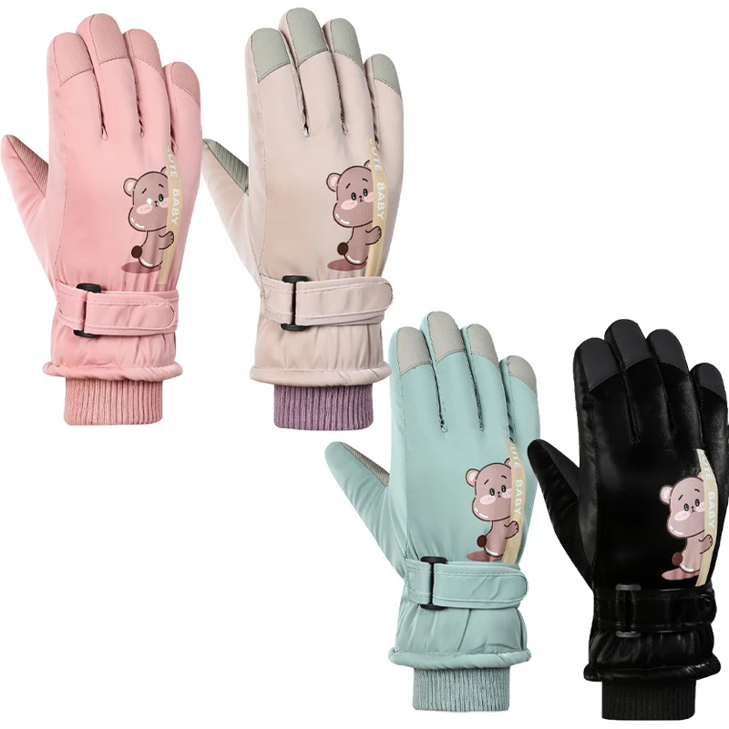 Children Ski Gloves for Girls Boys Winter Waterproof Outdoor Skiing Riding Kids Gloves Thicken Plus Velvet Five Finger