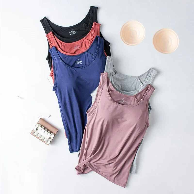 Women's One-Piece Sleeveless Slim Tank Top With Chest Pad Solid Color Soft Smooth Shockproof Casual Sport Vest With Built K15