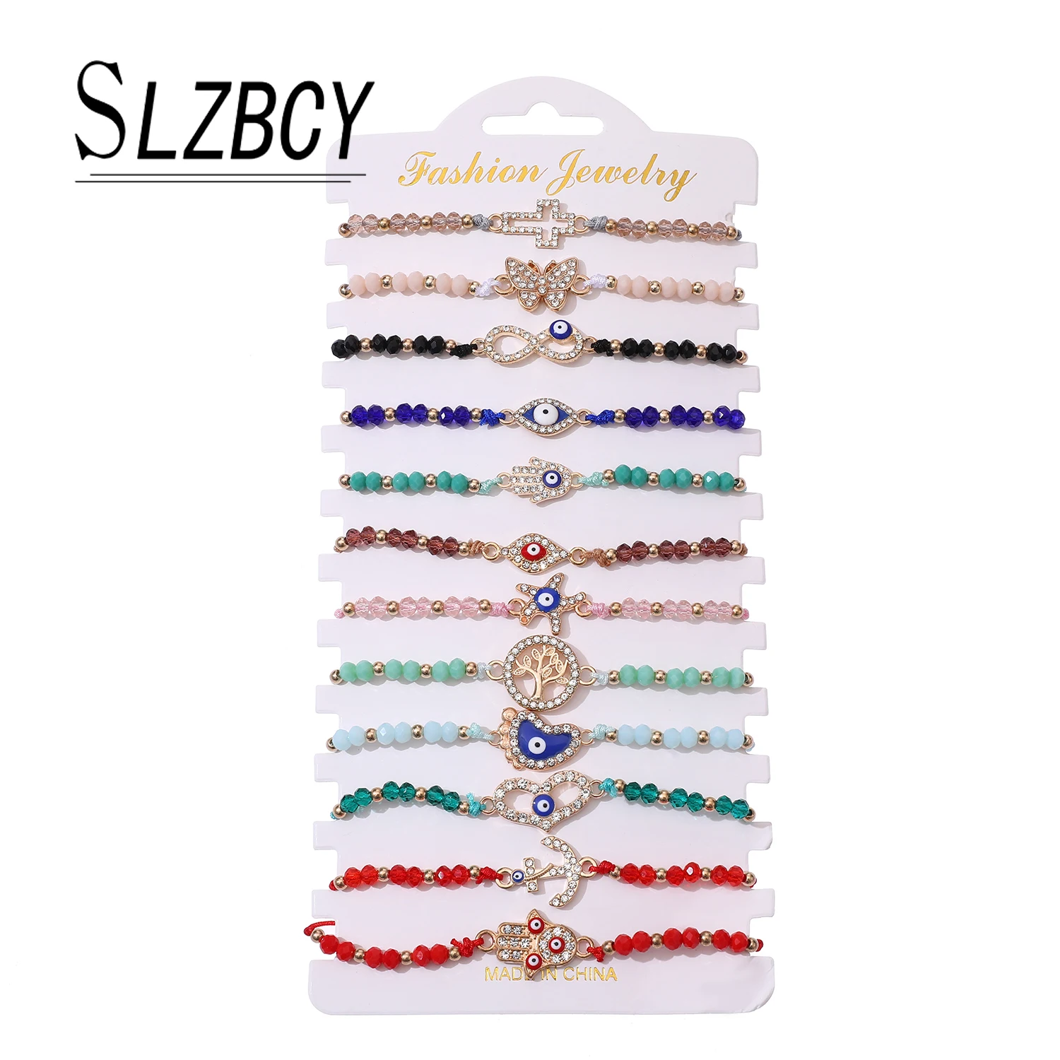 

12pcs Adjustable Cubic Zircon Rhinestone Bracelet For Women Ladies Colorful Evil Eye Bracelets & Bangles Hand Chain Jewelry