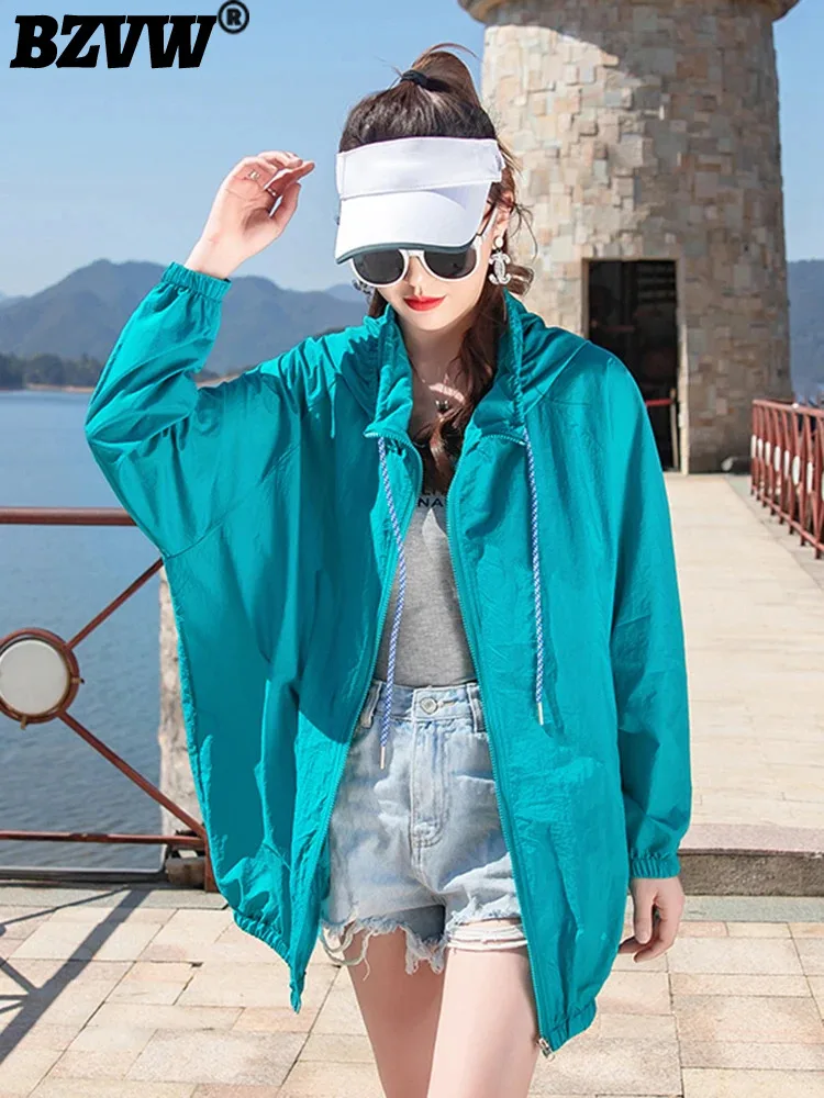 

BZVW Women Sunscreen Coats Hooded Long Sleeves Solid Color Ziper Lace-up Design Jackets Versatile 2024 Summer New Clothing Z4128