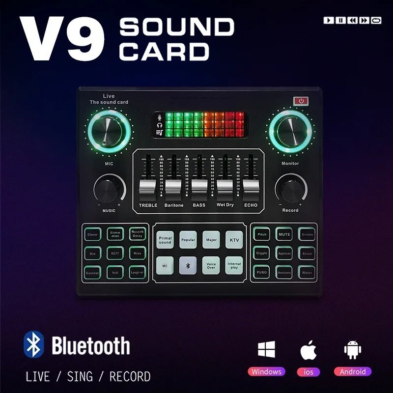 V9 사운드 카드 PC 핸드폰 용 라이브 사운드 카드 Youtube HIFI 믹서 기록 노래 장비 세트