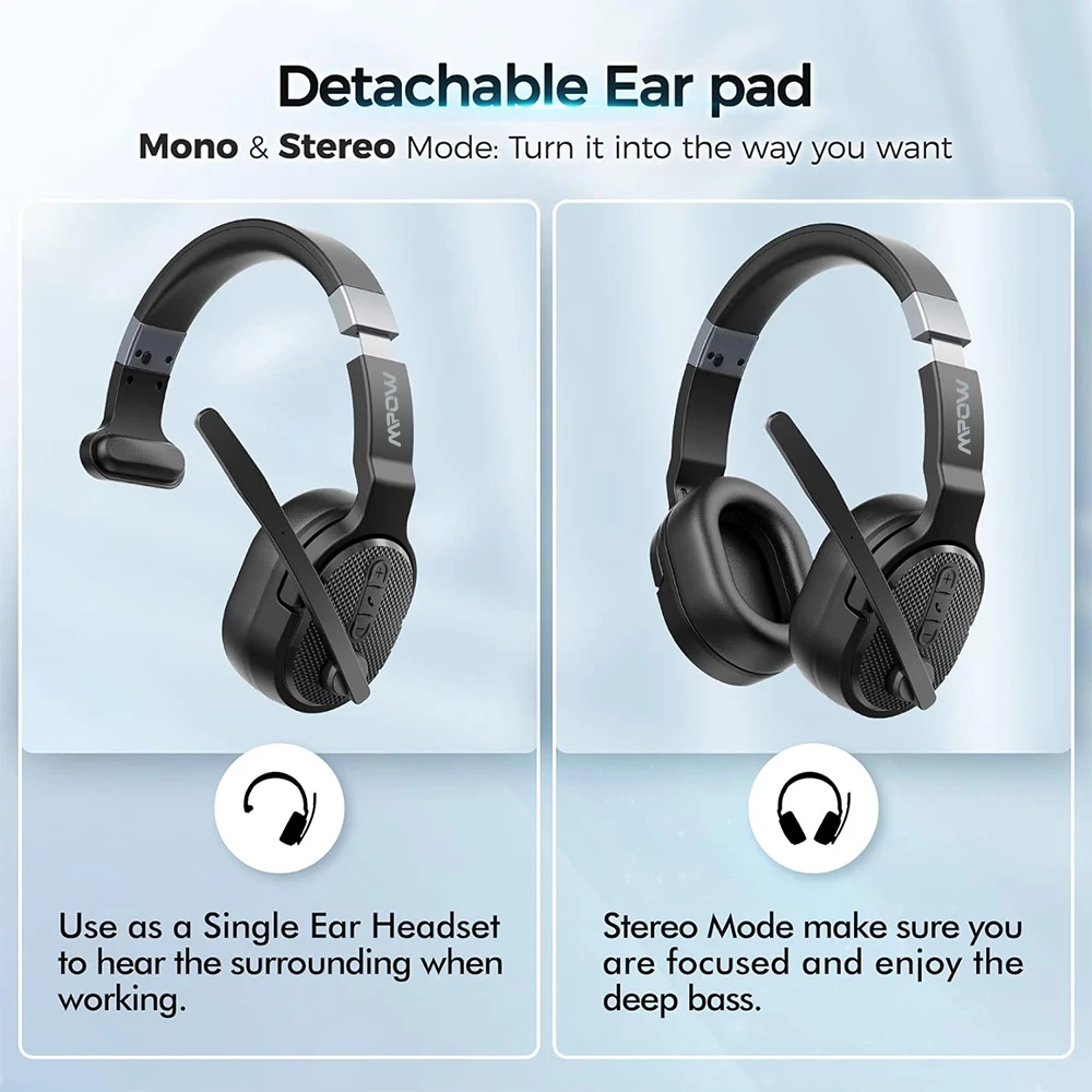 Mpow E65 2 in 1 Wireless Headphones Bluetooth 5.3 Dual/Single Office Headset with Microphone&Mute Switch 35H for Trucker Driver 5