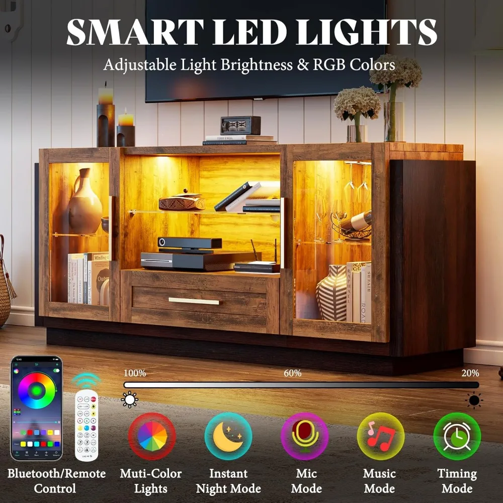 Cabinet with LED Lights, 60" Coffee/Wine Bar Cabinet with Glass Doors & Open Shelves & Drawers, Modern Entryway Console Table