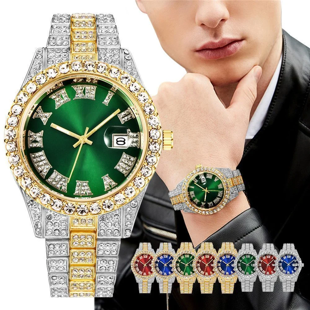 

Fashion high-end men's watch rhinestone studded men's watch Roman scale calendar hip-hop watch blue green water ghost full diamo