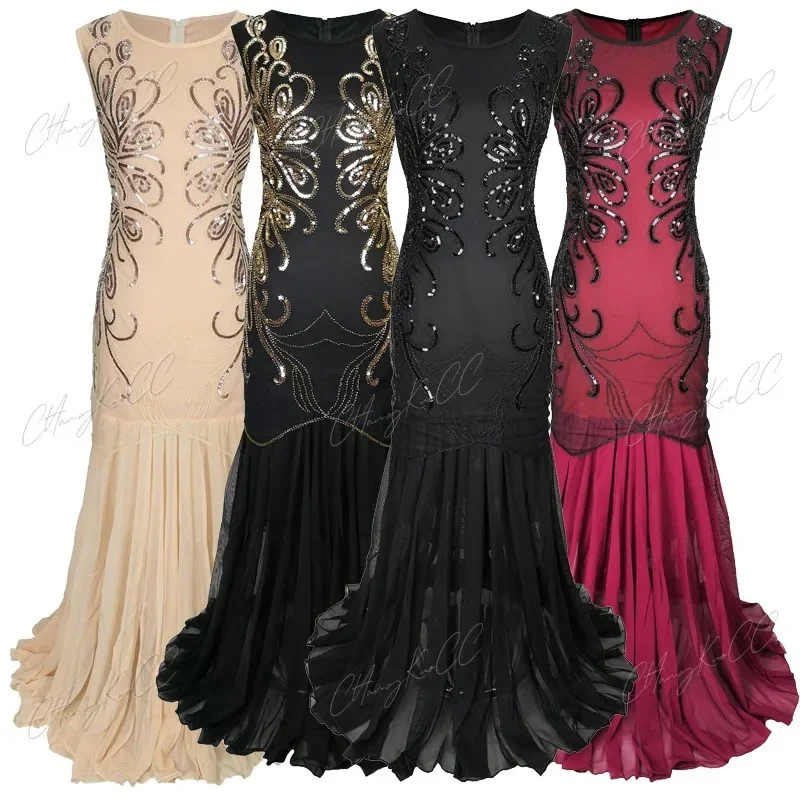 

S-XL 1920s Women Vintage Great Gatsby Dress 20s Flapper Party Formal Dress Sexy O-Neck Sleeveless Beaded Sequin Mesh Long Dress